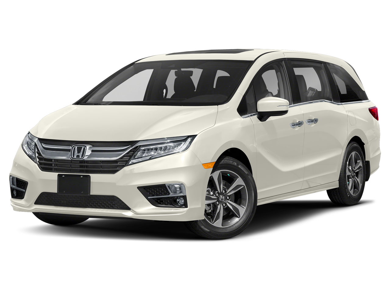 2019 Honda Odyssey Touring in White Diamond Pearl — front three-quarter view
