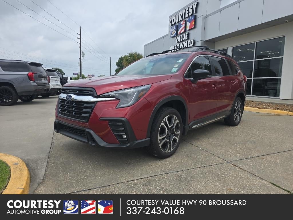 2025 Subaru Ascent Limited in Crimson Red Pearl — front three-quarter view